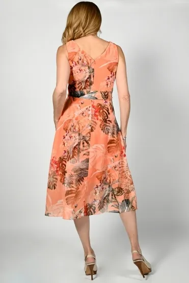 Palm Print Wrap Dress - Tangerine/Khaki - 236140