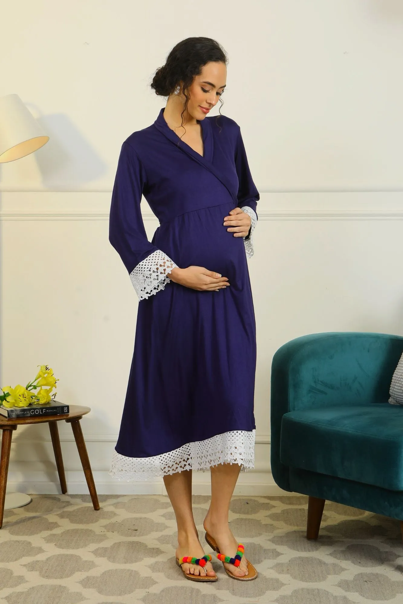 Paradise Indigo Blue Lycra Maternity & Nursing Wrap Nightwear Dress/ Hospital Gown/ Delivery Robes