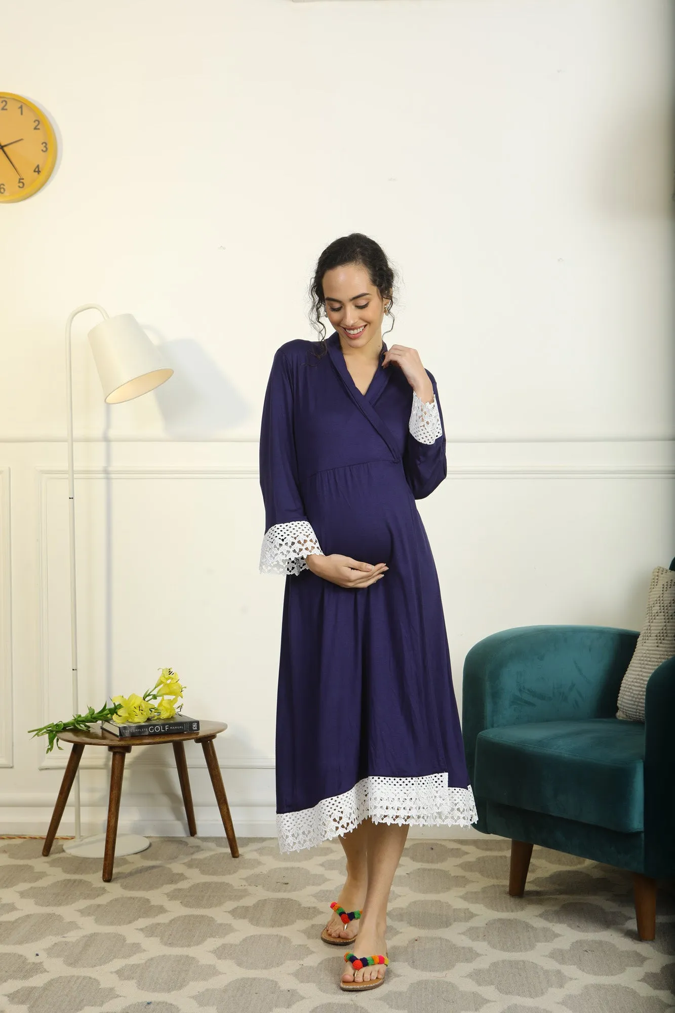 Paradise Indigo Blue Lycra Maternity & Nursing Wrap Nightwear Dress/ Hospital Gown/ Delivery Robes