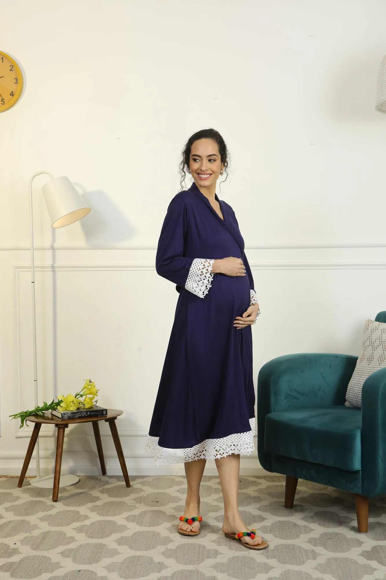 Paradise Indigo Blue Lycra Maternity & Nursing Wrap Nightwear Dress/ Hospital Gown/ Delivery Robes