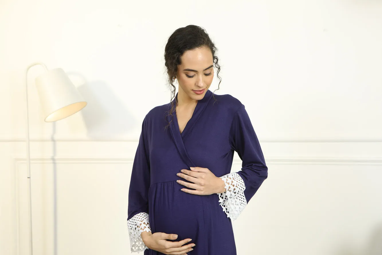 Paradise Indigo Blue Lycra Maternity & Nursing Wrap Nightwear Dress/ Hospital Gown/ Delivery Robes