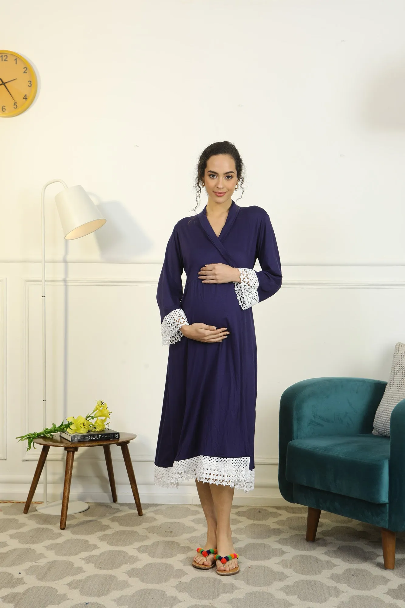 Paradise Indigo Blue Lycra Maternity & Nursing Wrap Nightwear Dress/ Hospital Gown/ Delivery Robes