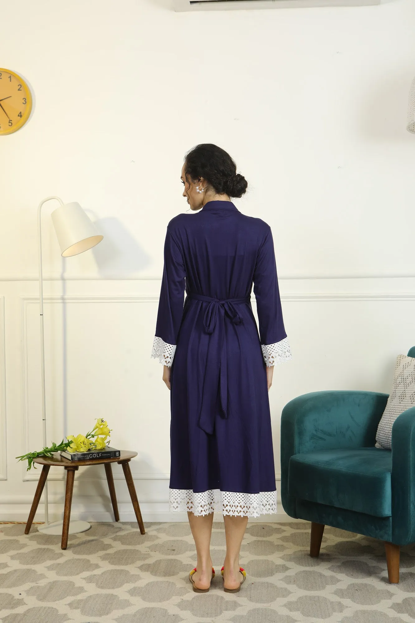 Paradise Indigo Blue Lycra Maternity & Nursing Wrap Nightwear Dress/ Hospital Gown/ Delivery Robes