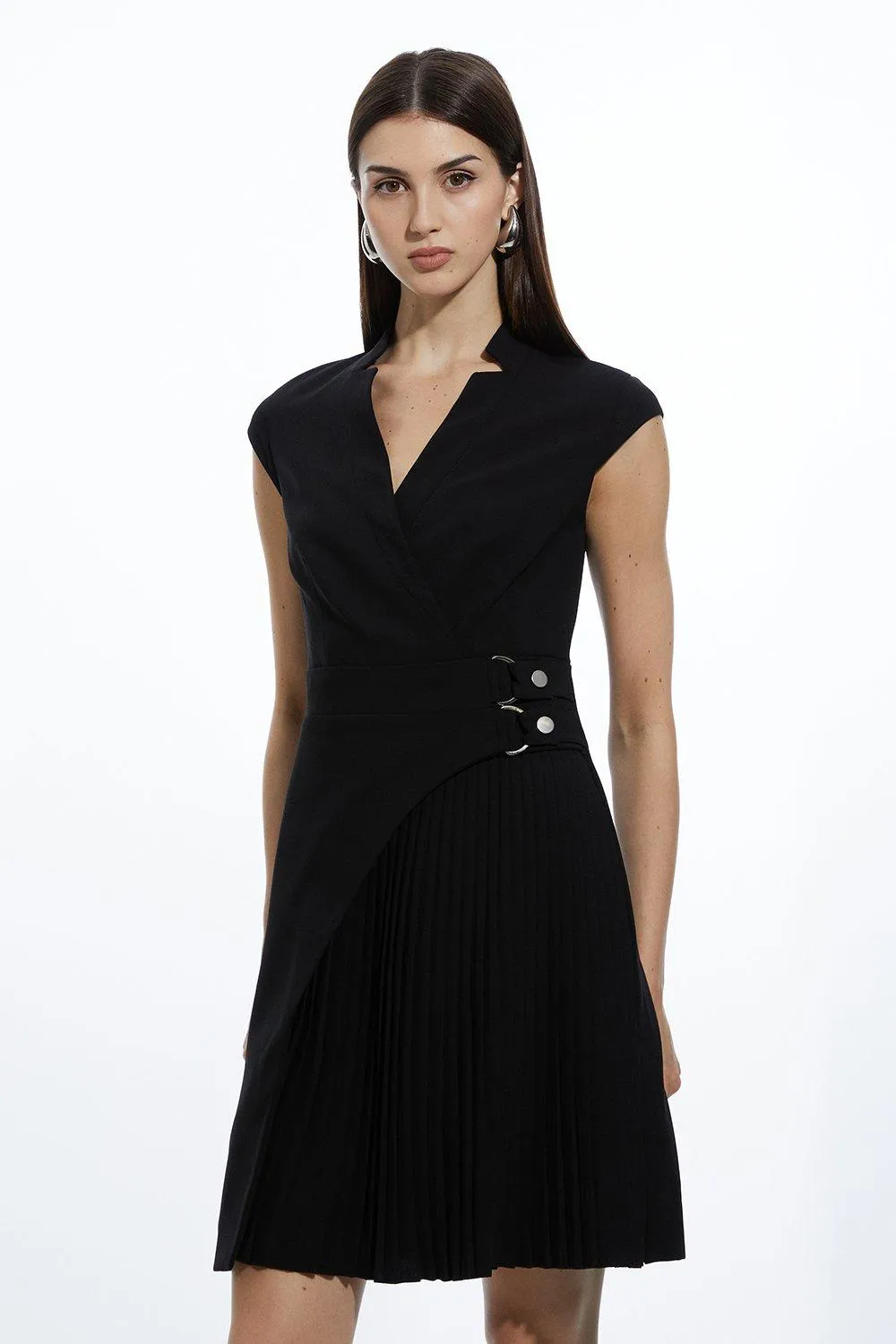 Petite Military Pleat Notch Neck Wrap Tailored Mini Dress | Karen Millen