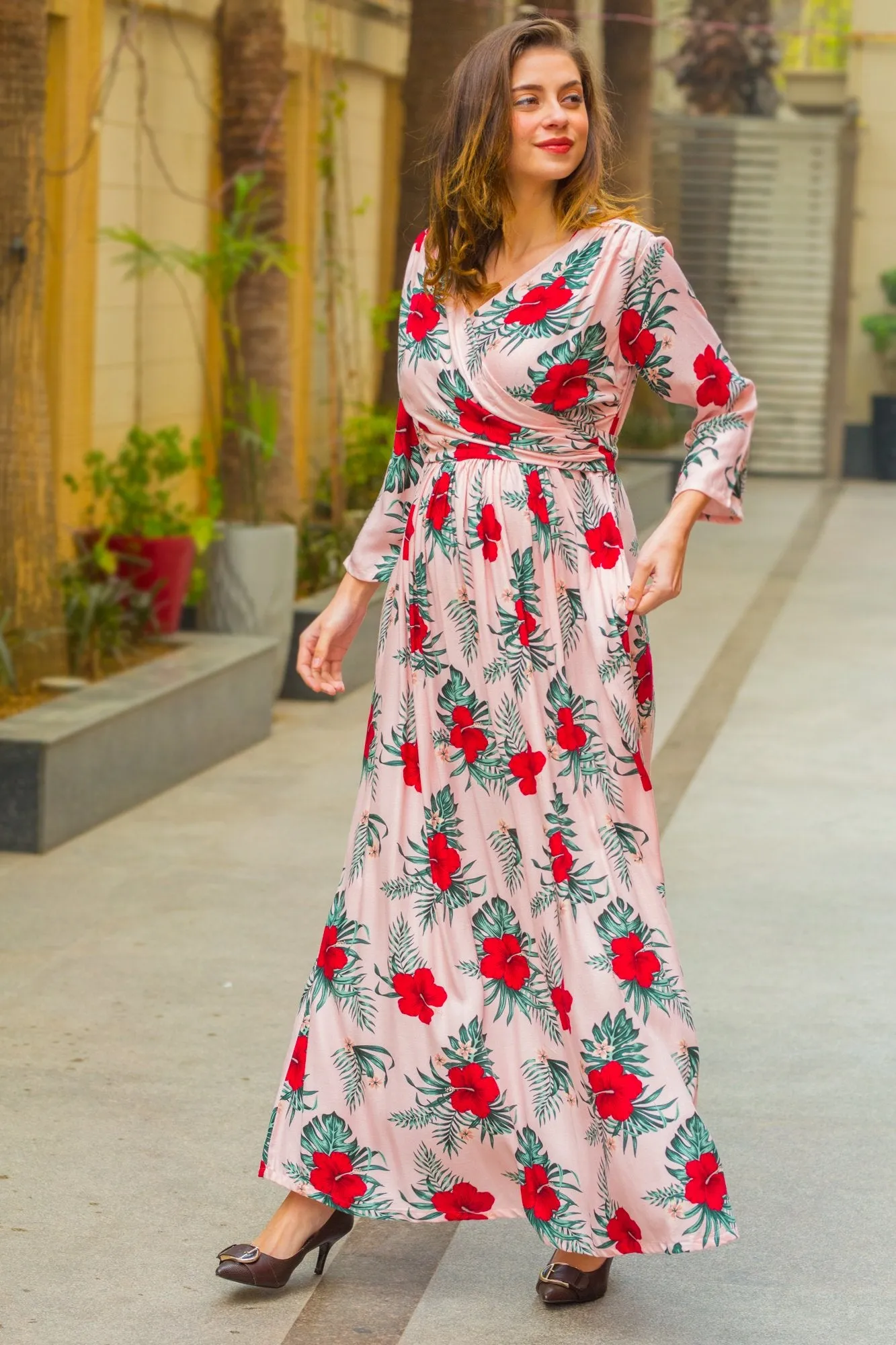 Pink Hibiscus Maternity & Nursing Wrap Dress