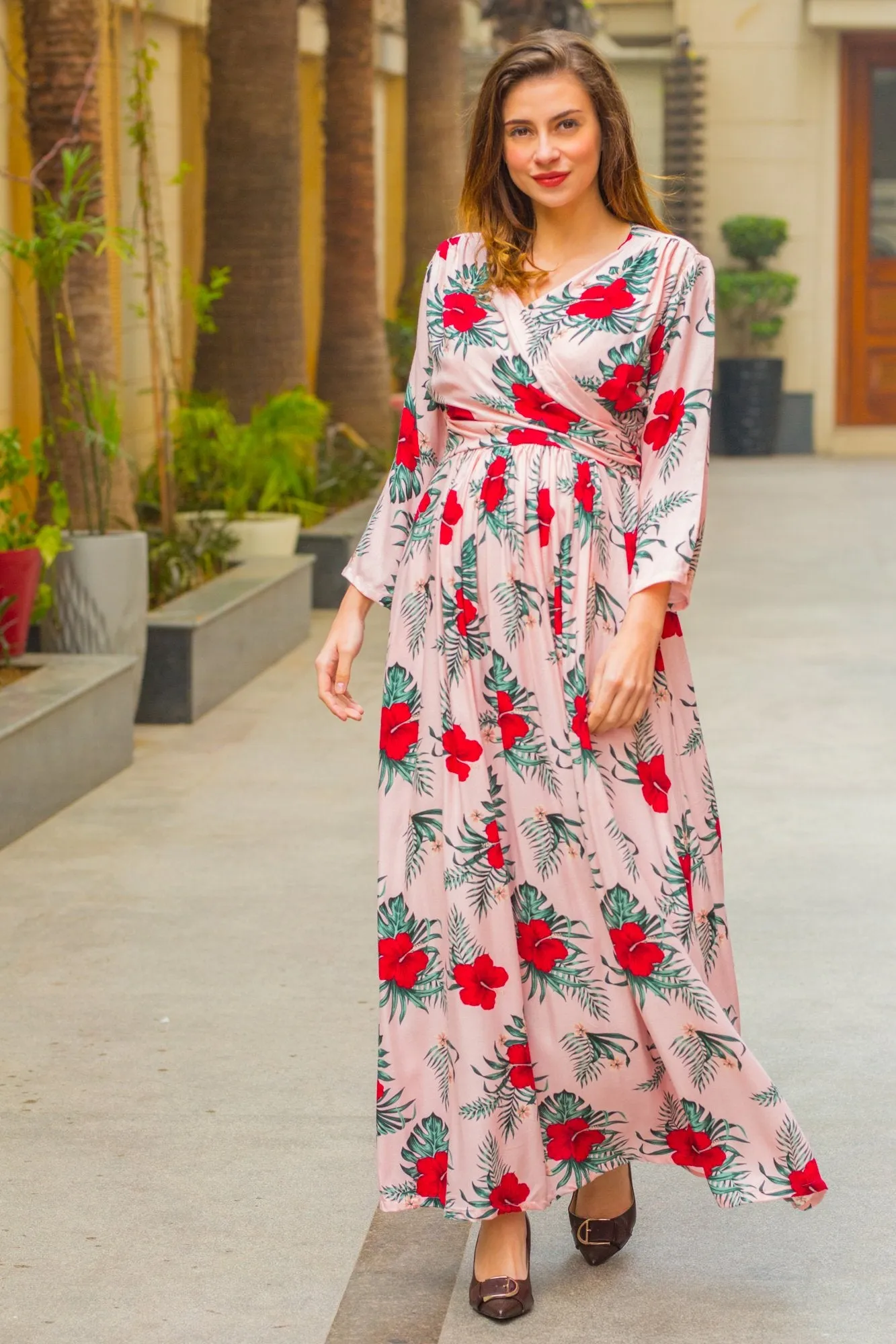 Pink Hibiscus Maternity & Nursing Wrap Dress