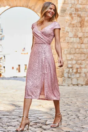 Pink Sequin Wrap Front Fit & Flare Dress