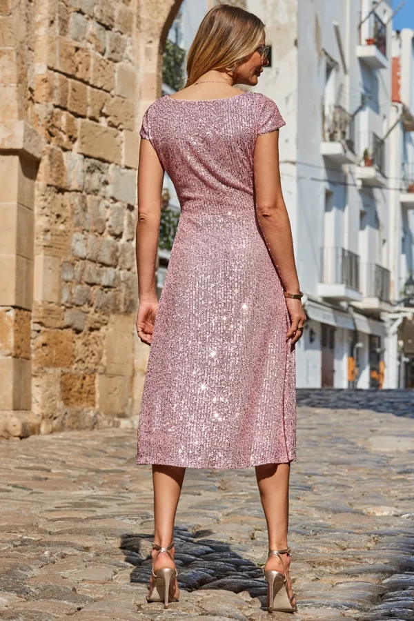 Pink Sequin Wrap Front Fit & Flare Dress