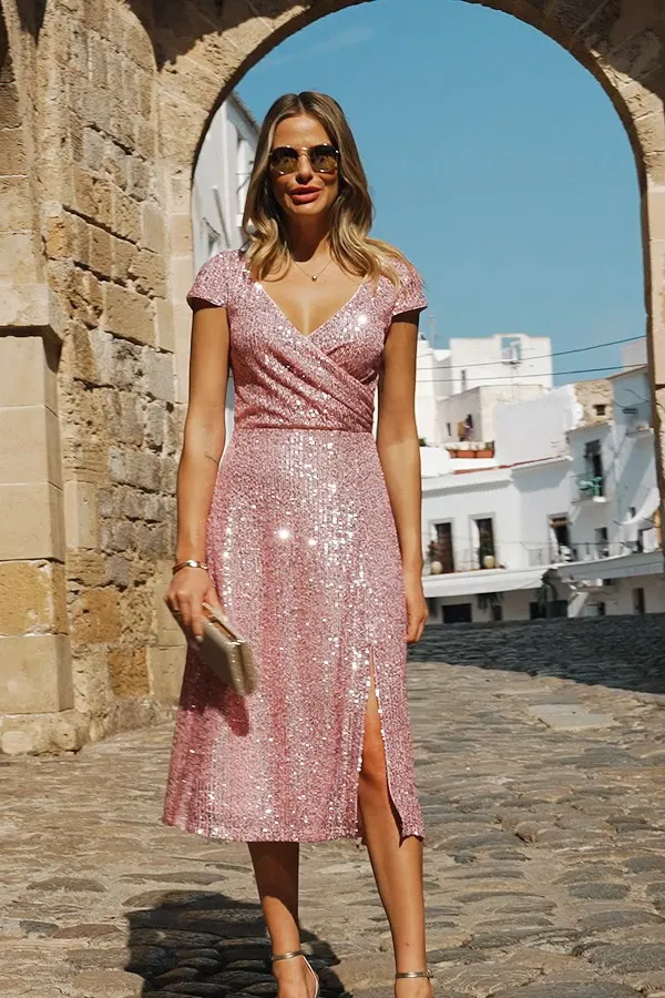 Pink Sequin Wrap Front Fit & Flare Dress