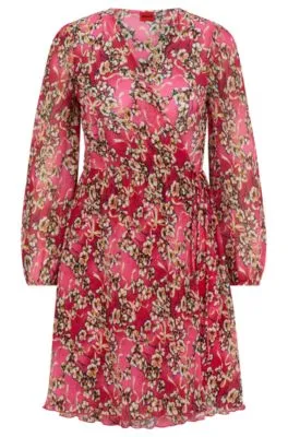 Plissé wrap dress in floral print with elasticised cuffs