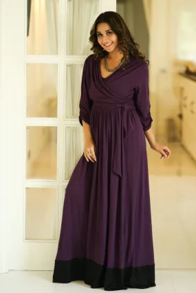 Plum Contrast Front Wrap Maternity & Nursing Dress