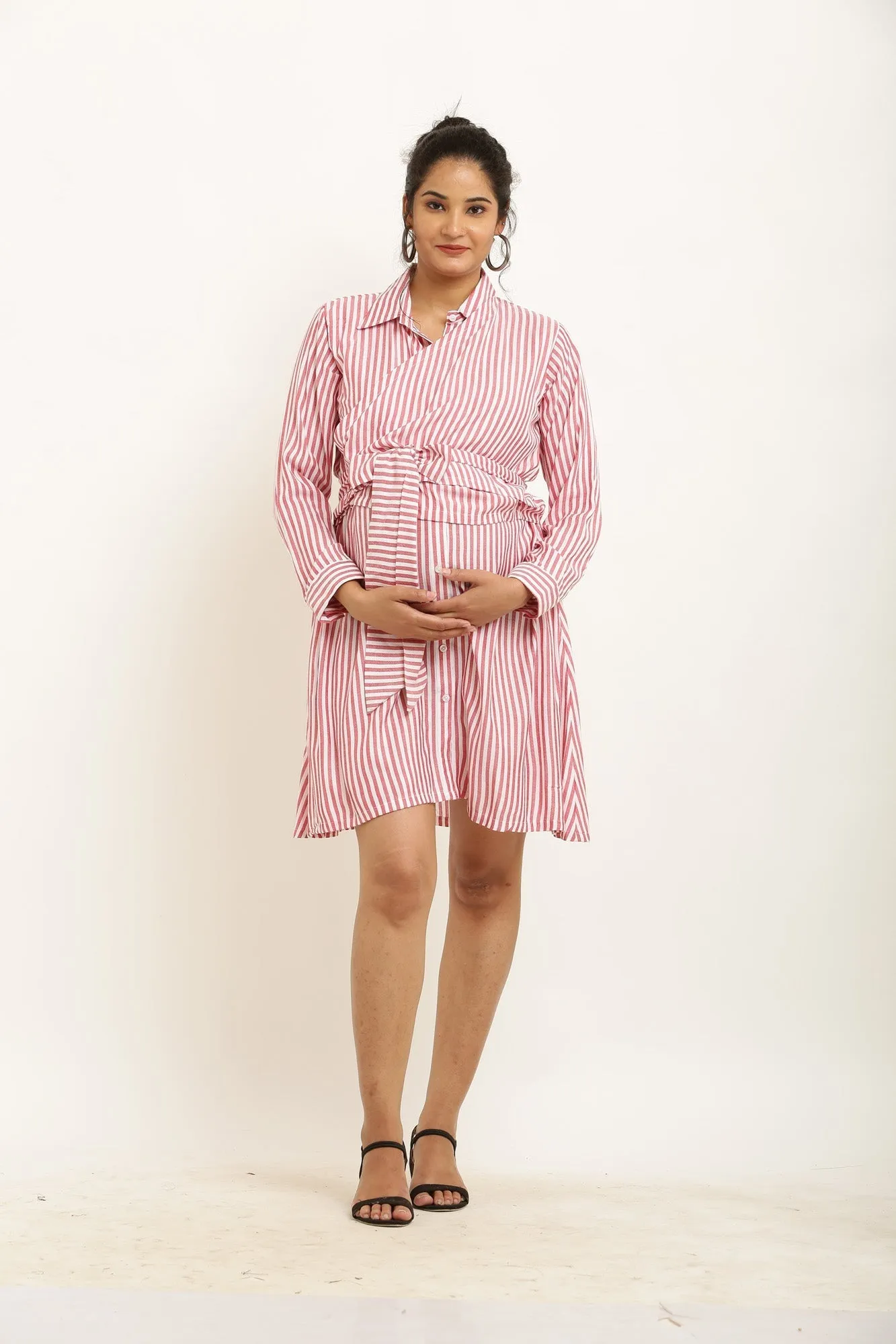 Poppy Red Striped Maternity & Nursing Wrap Shirt Dress