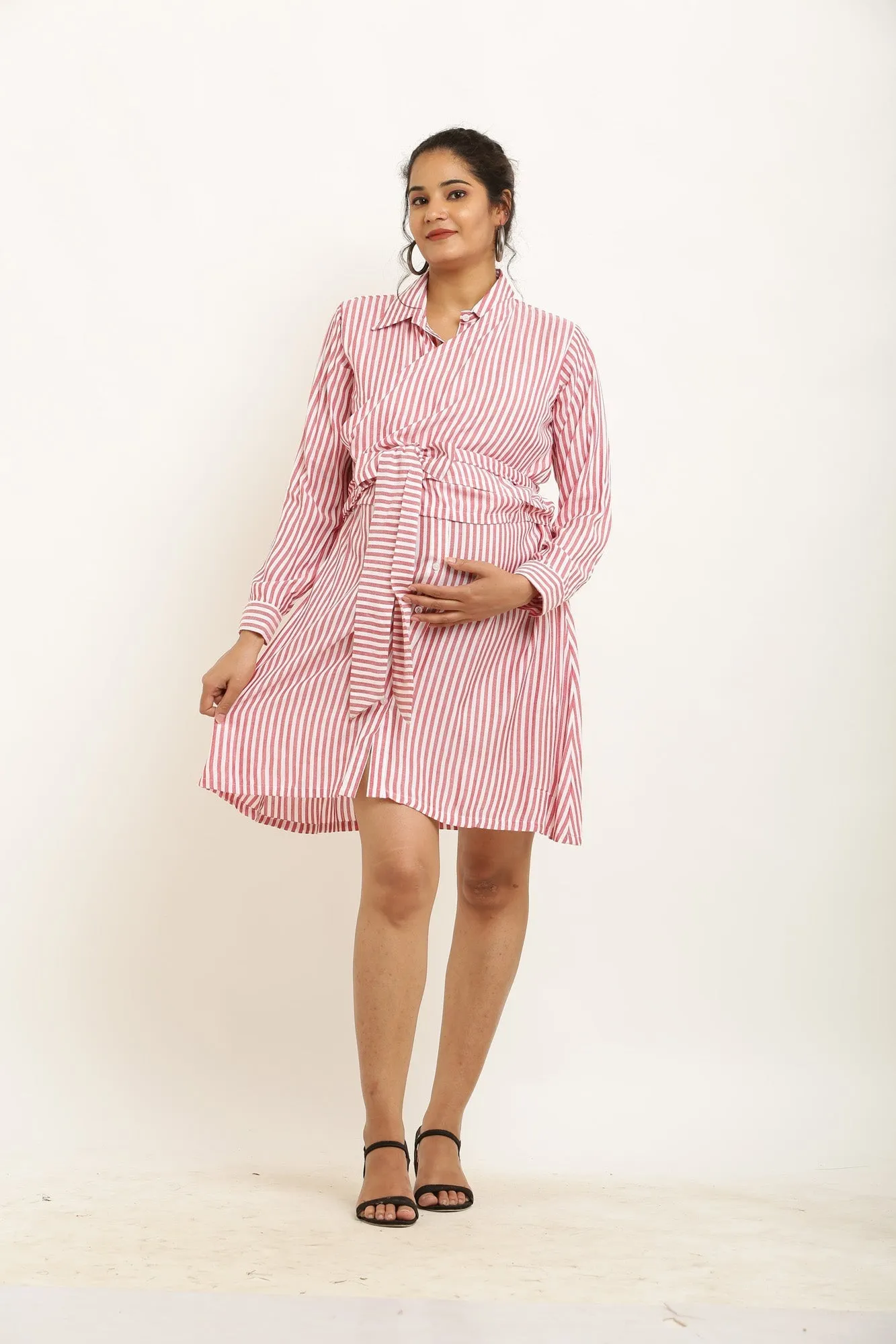 Poppy Red Striped Maternity & Nursing Wrap Shirt Dress