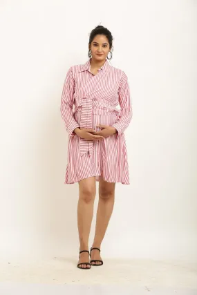 Poppy Red Striped Maternity & Nursing Wrap Shirt Dress