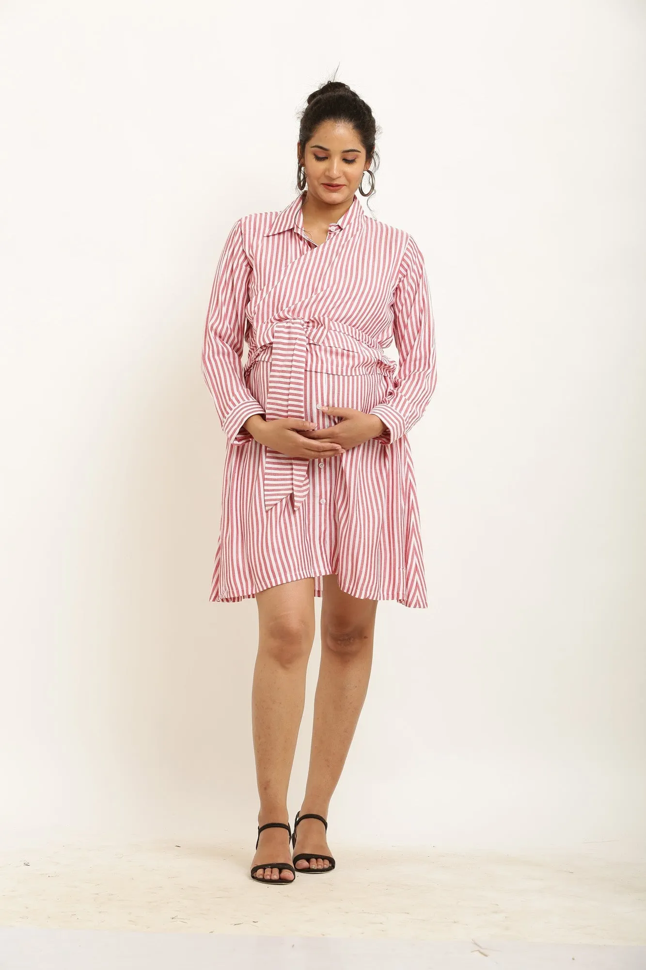 Poppy Red Striped Maternity & Nursing Wrap Shirt Dress