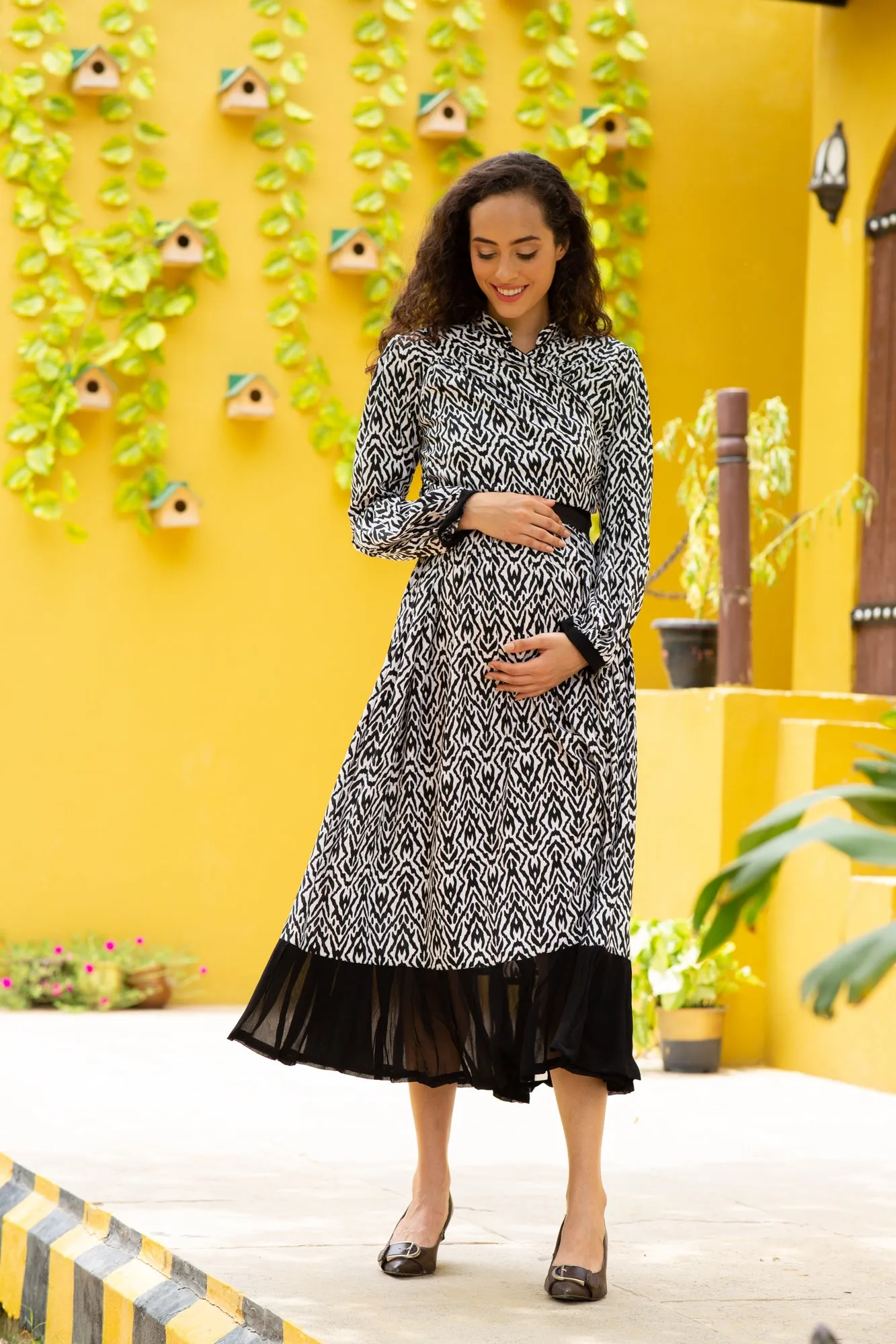 Premium Ebony Abstract Maternity & Nursing Wrap Dress