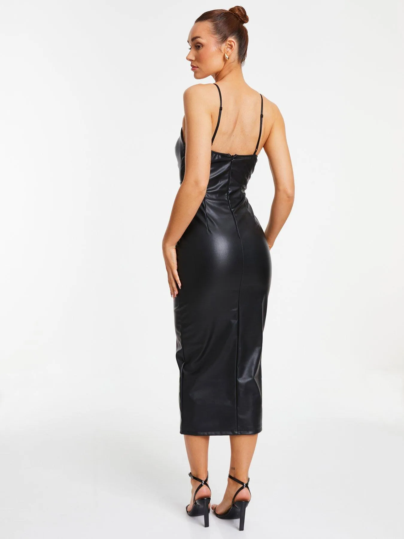 Quiz Black Faux Leather Wrap Midi Dress