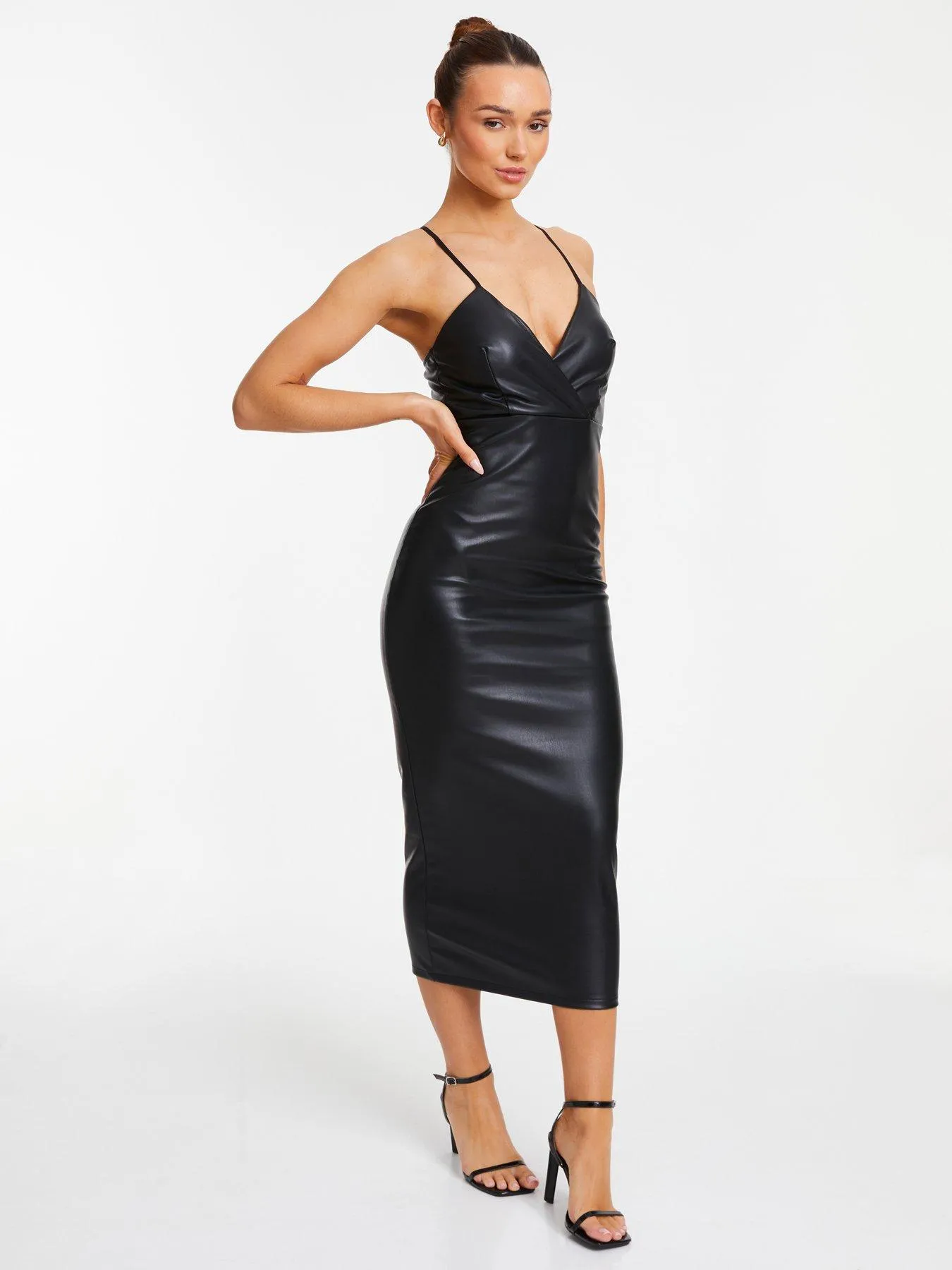 Quiz Black Faux Leather Wrap Midi Dress