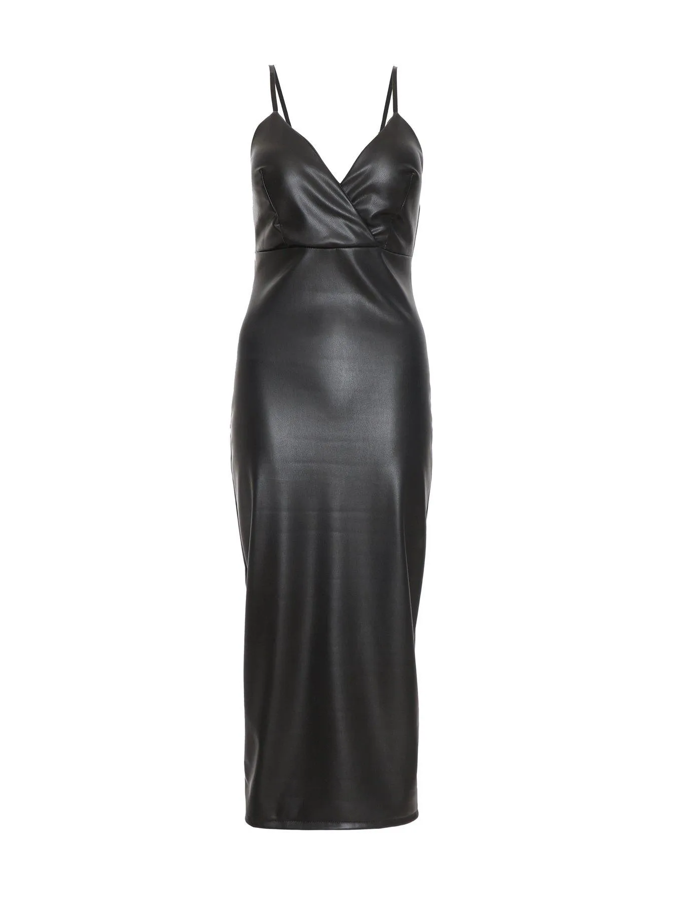 Quiz Black Faux Leather Wrap Midi Dress