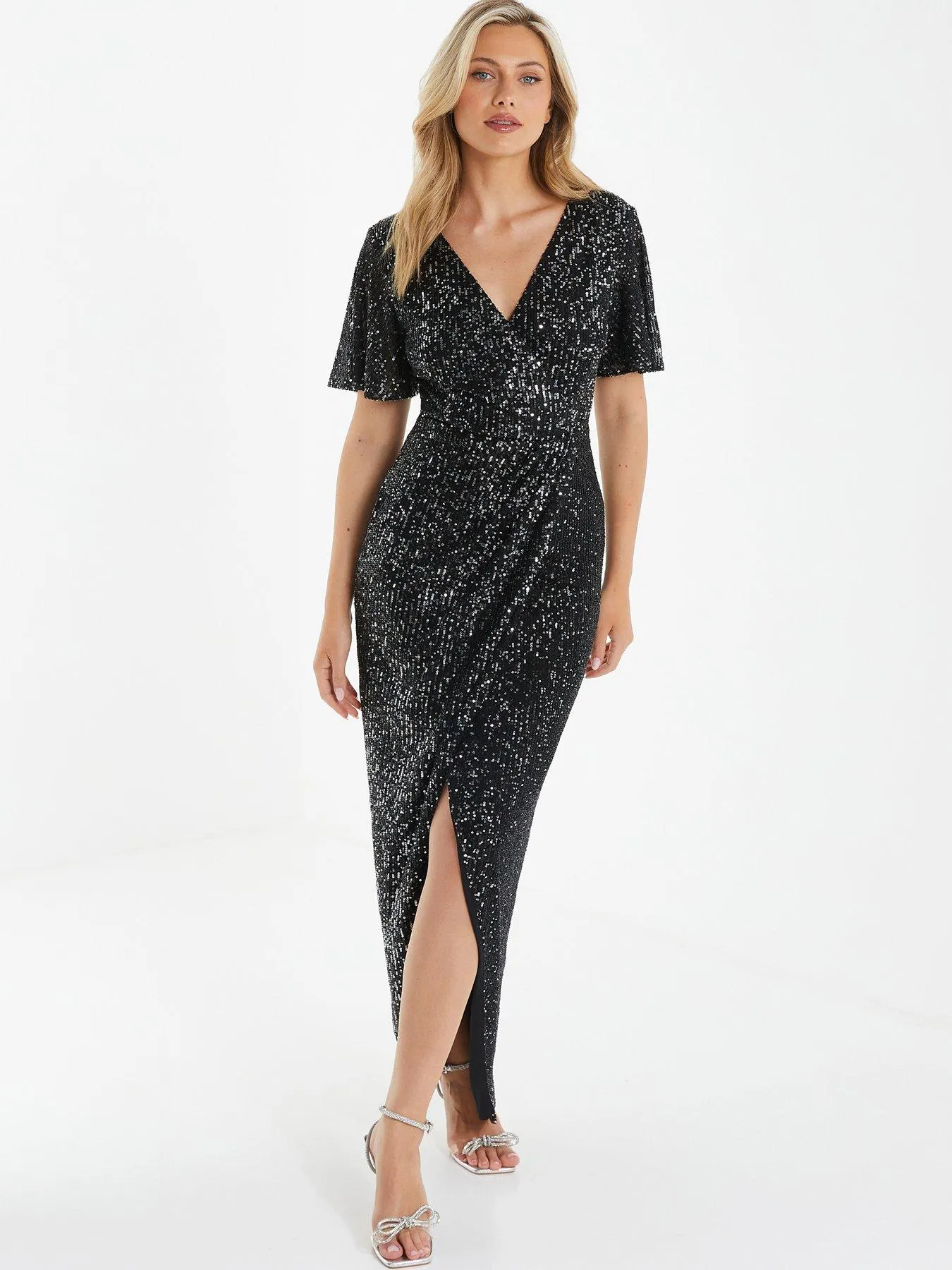 Quiz Black Sequin Wrap Maxi Dress