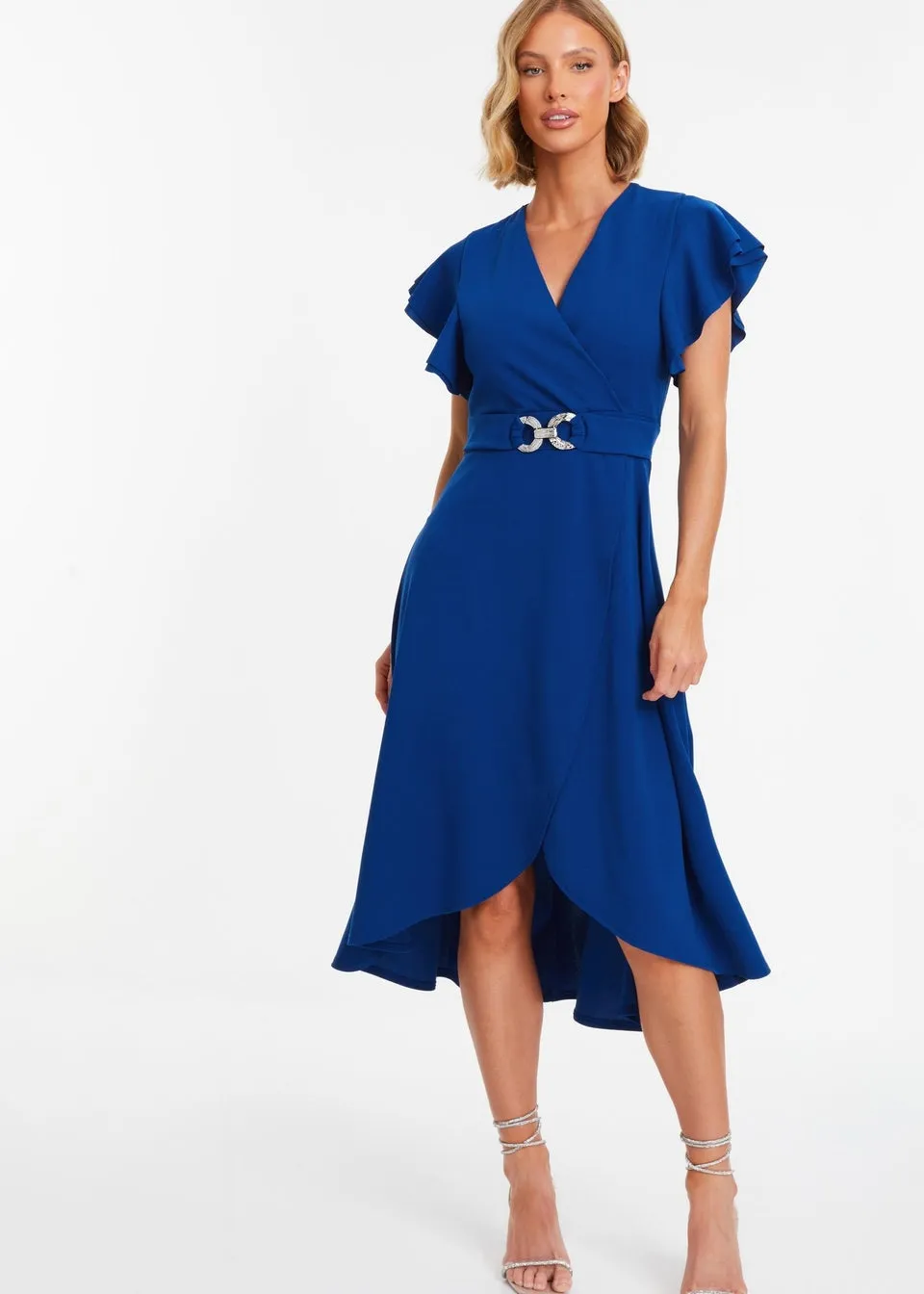 Quiz Blue Wrap Frill Sleeve Midi Dress