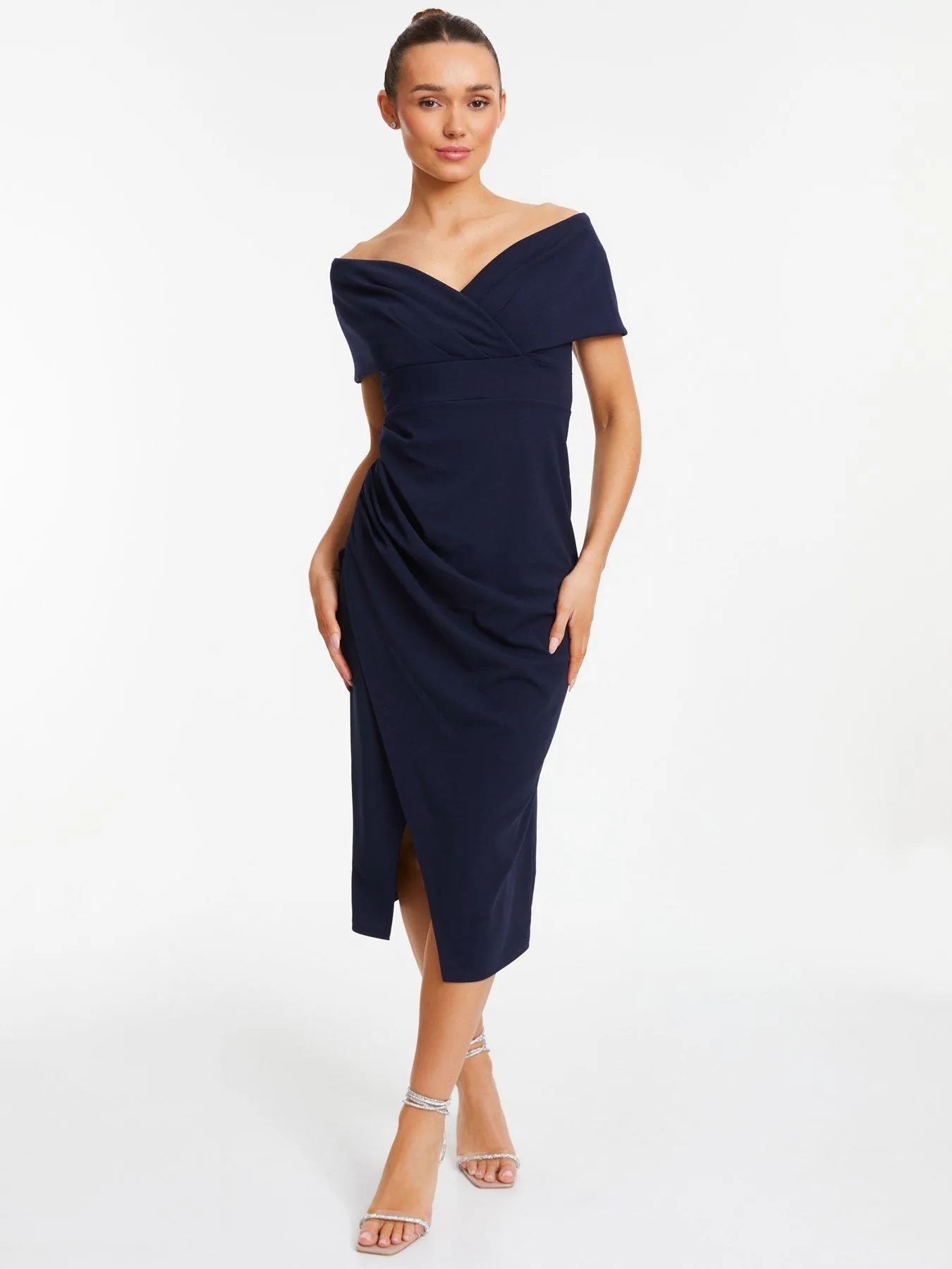 Quiz Navy Bardot Ruched Wrap Midi Dress