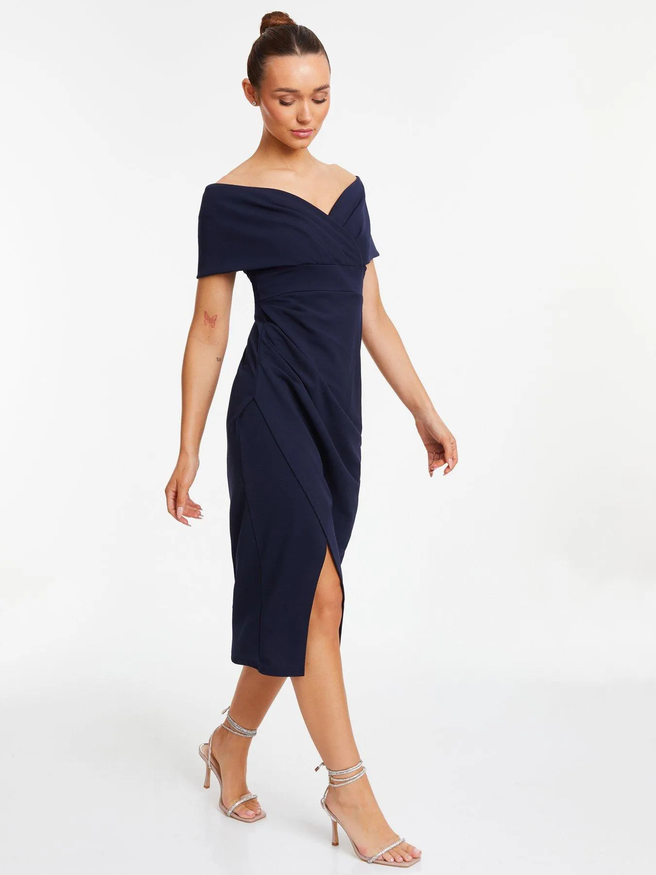 Quiz Navy Bardot Ruched Wrap Midi Dress