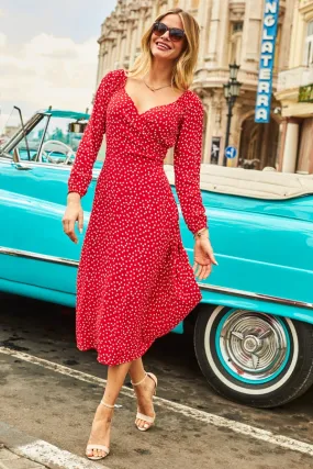 Red & White Spot Print Wrap Front Midi Dress