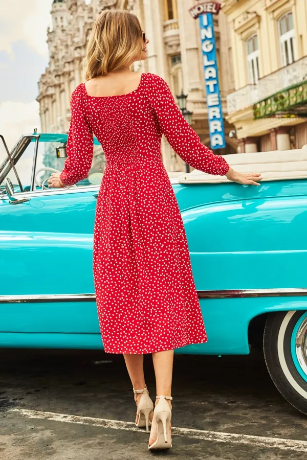 Red & White Spot Print Wrap Front Midi Dress