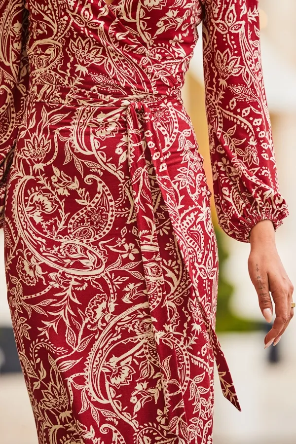 Red Baroque Print Belted Wrap Jersey Dress