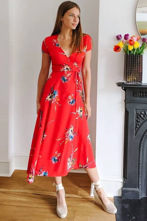 Red Floral Print Wrap Maxi Dress