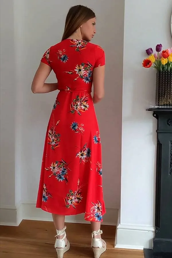 Red Floral Print Wrap Maxi Dress