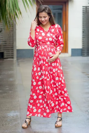 Red White Floral Maternity & Nursing Wrap Dress