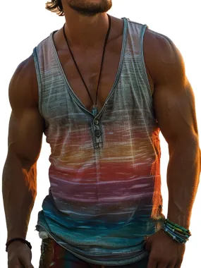 Retro Gradient Rainbow Print Sleeveless V Neck Tank Top