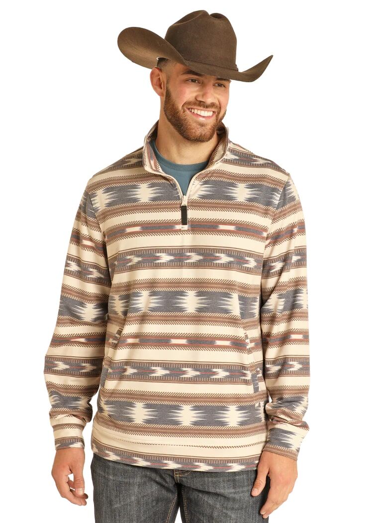 Rock & Roll Denim Men's Aztec Striped Performance Pullover in Cream