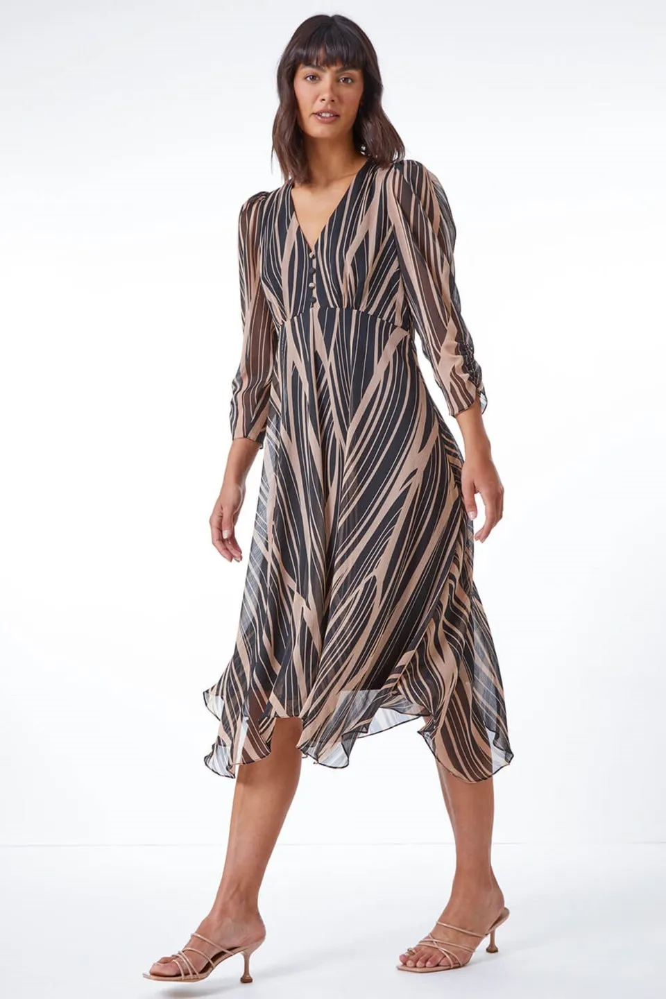 Roman Black Abstract Chiffon Wrap Asymmetric Midi Dress