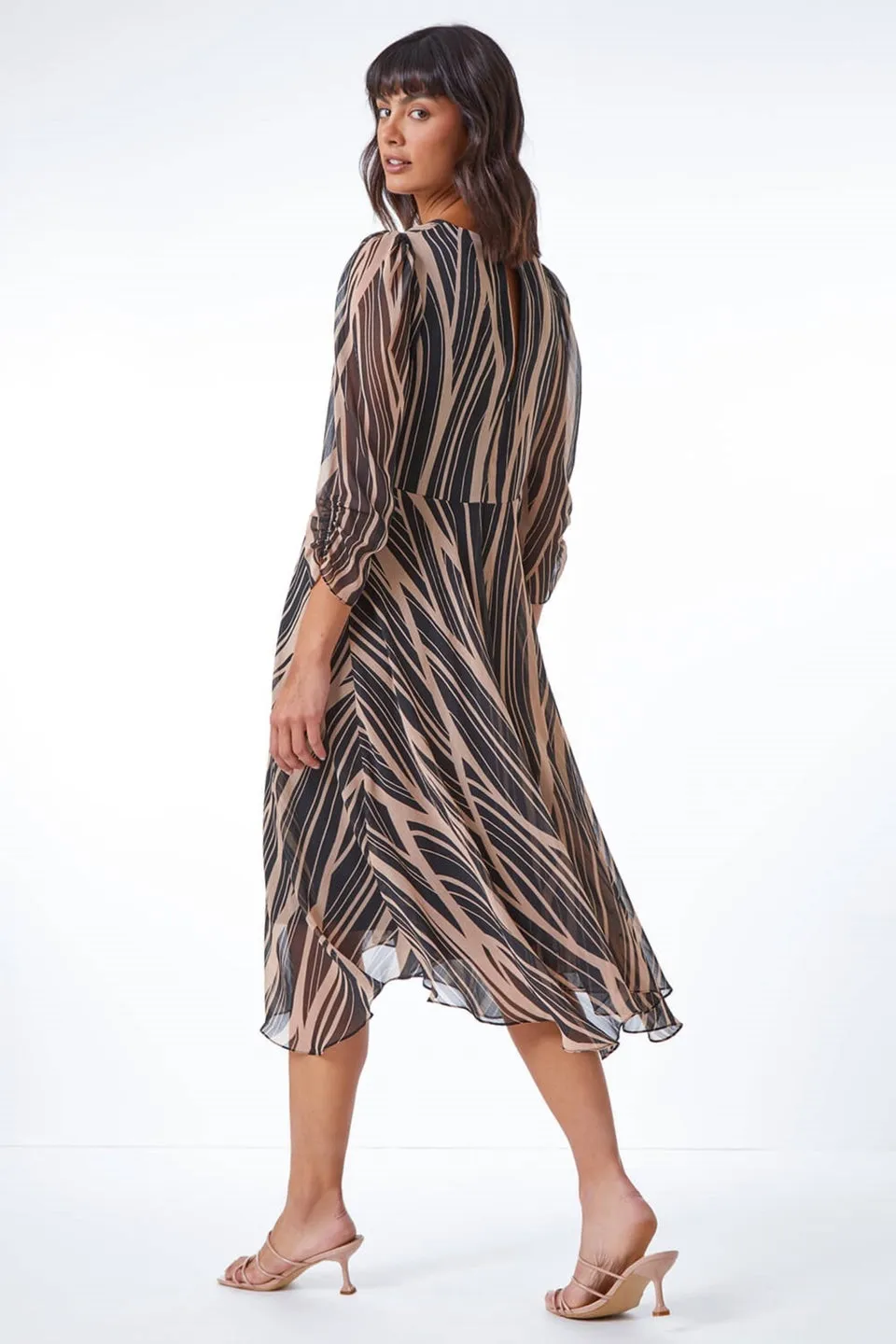 Roman Black Abstract Chiffon Wrap Asymmetric Midi Dress