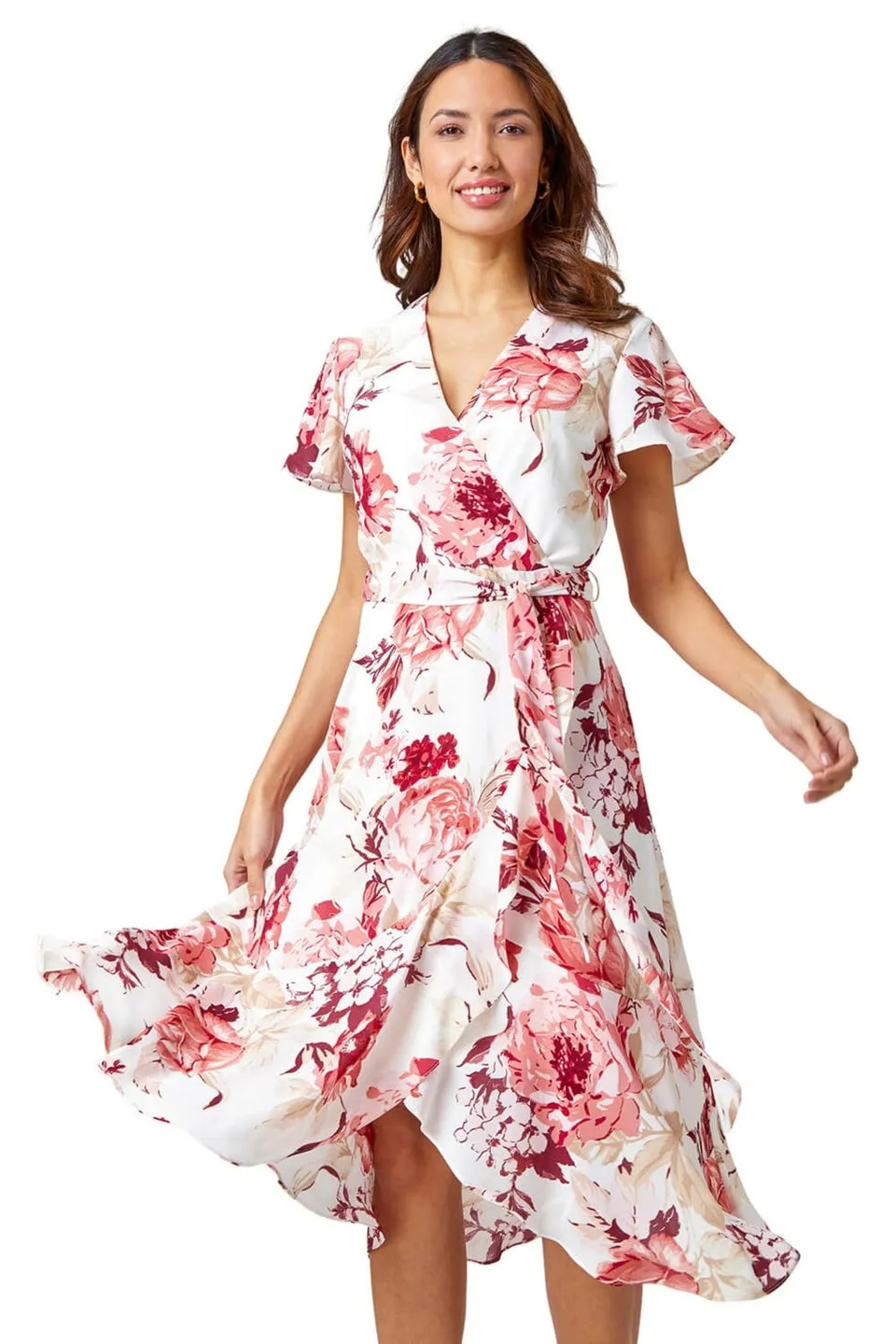 Roman Light Pink Floral Print Wrap Stretch Dress