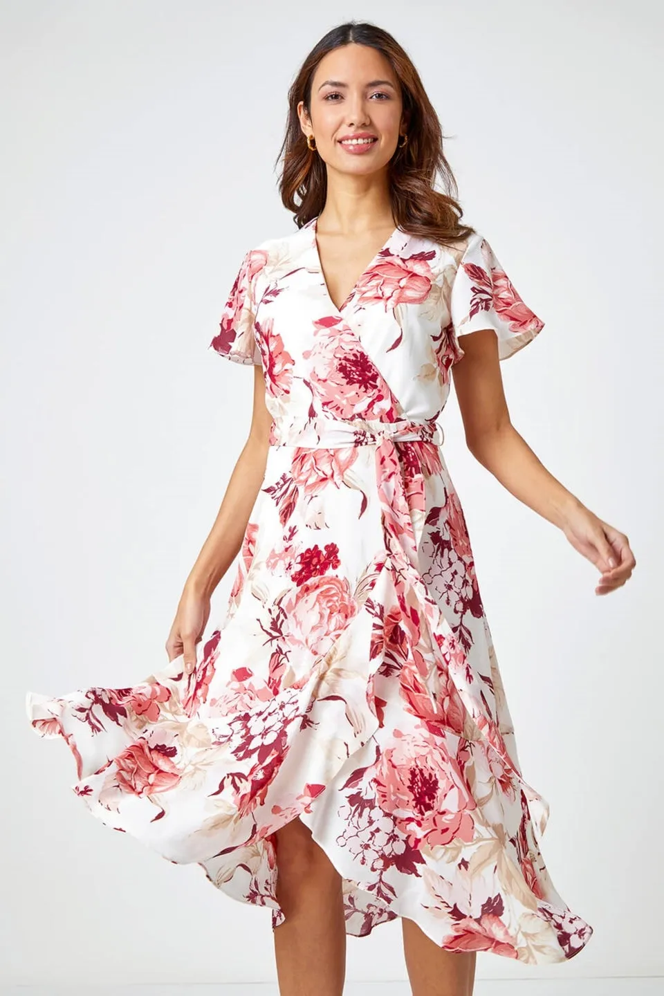 Roman Light Pink Floral Print Wrap Stretch Dress