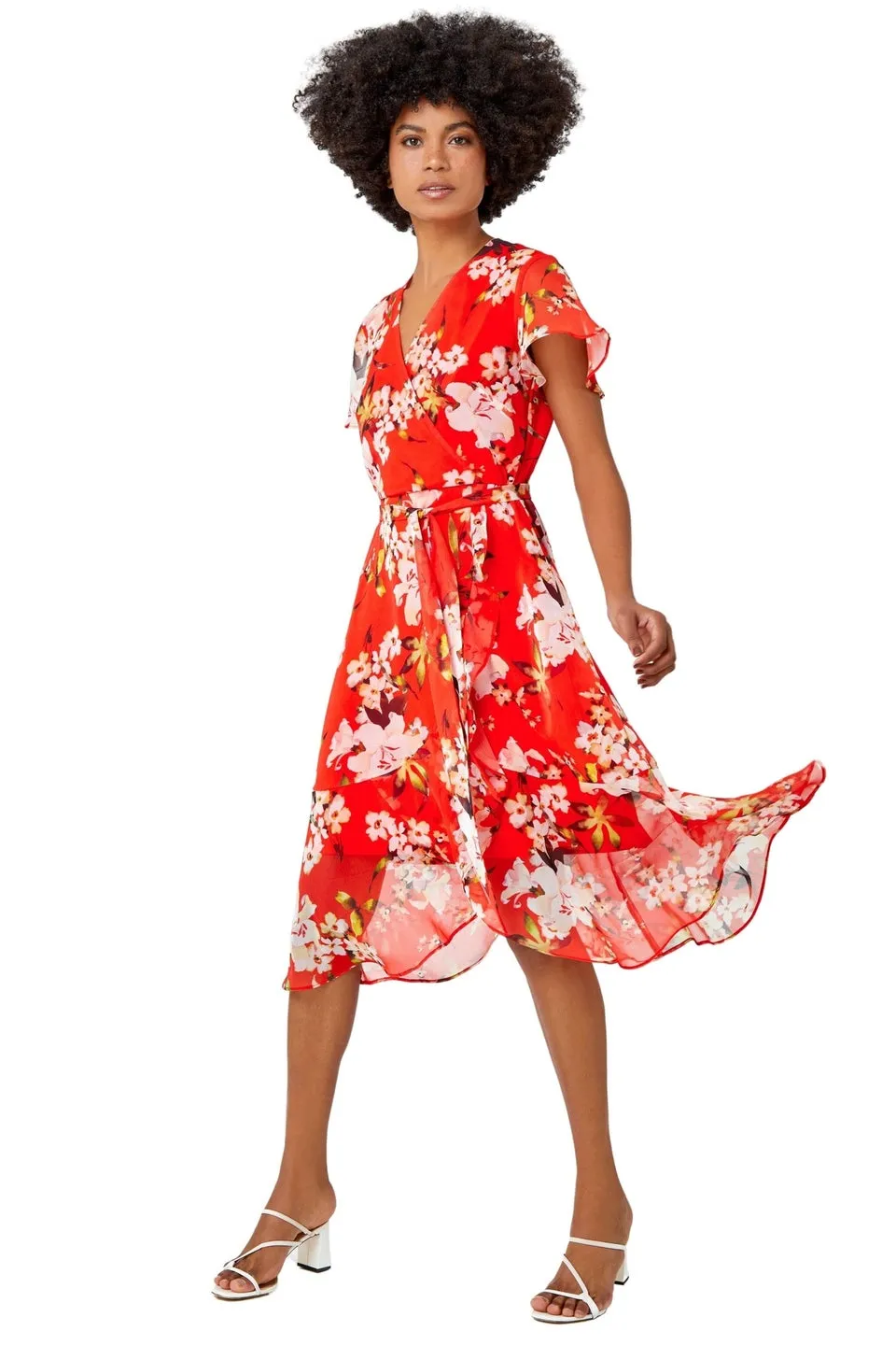 Roman Red Floral Print Chiffon Wrap Dress