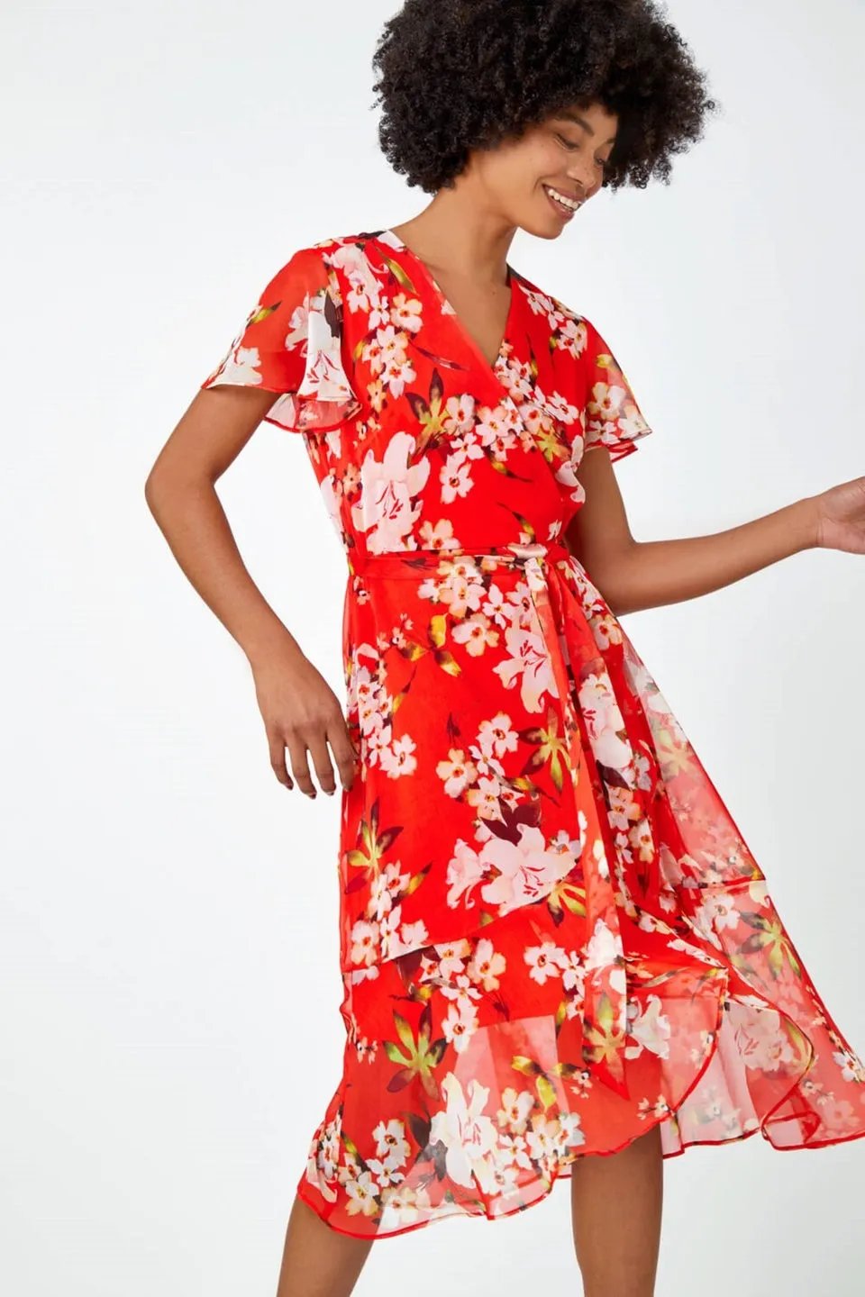 Roman Red Floral Print Chiffon Wrap Dress