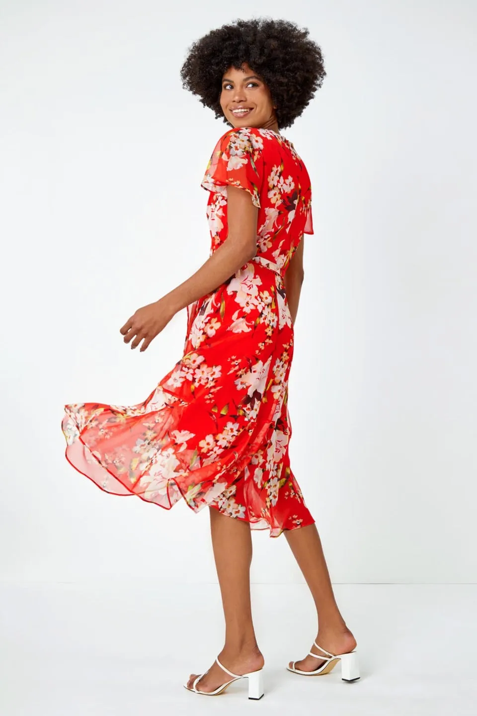 Roman Red Floral Print Chiffon Wrap Dress