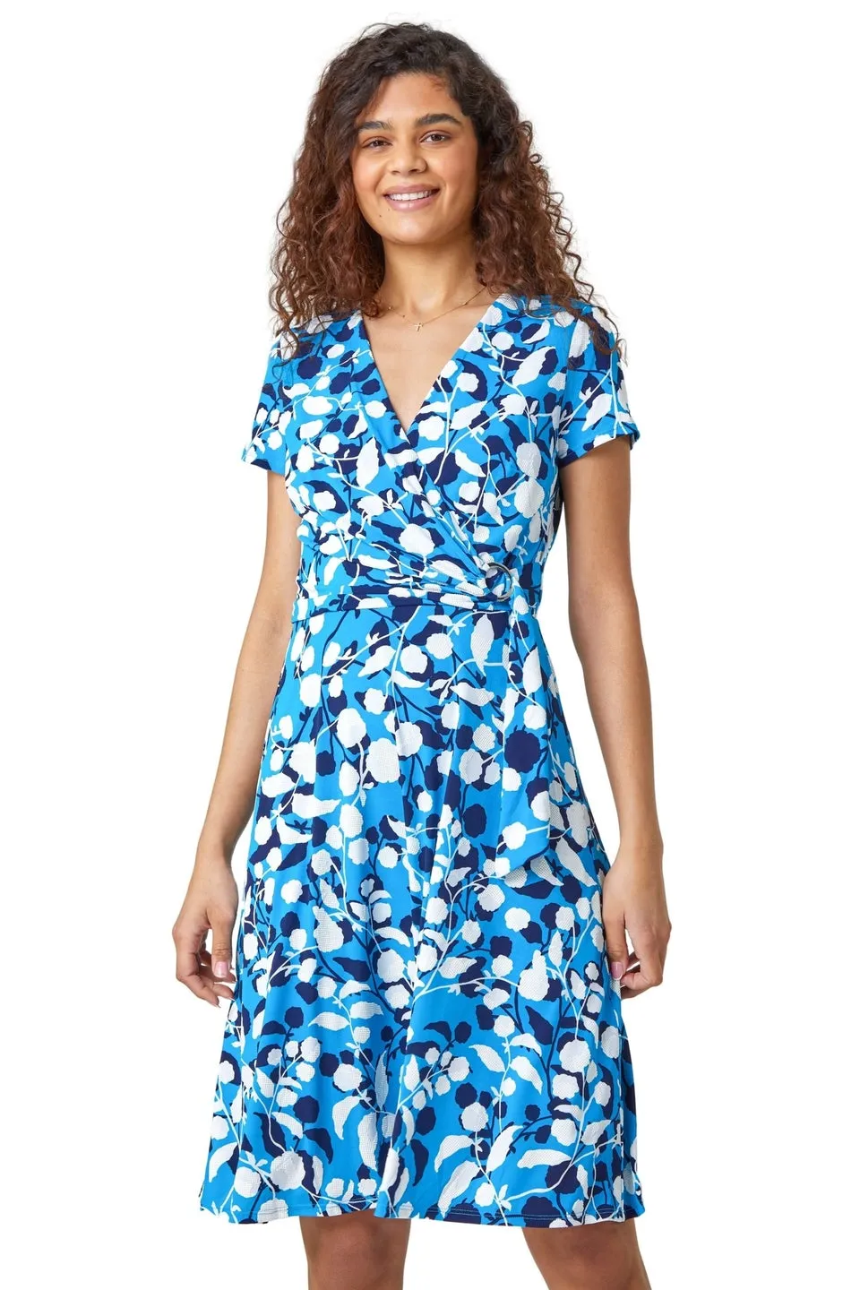 Roman Turquoise Floral Stretch Wrap Skater Dress