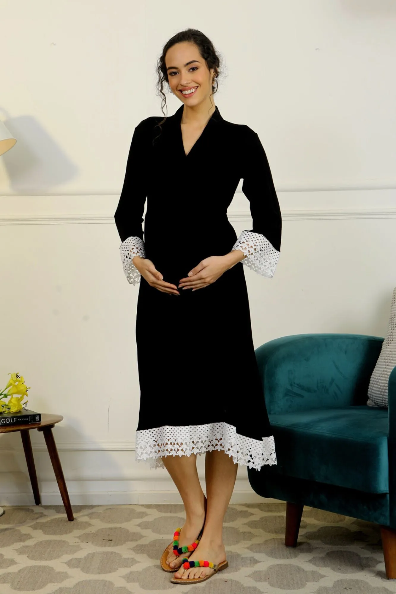 Royal Black Lycra Maternity & Nursing Wrap Nightwear Dress/ Hospital Gown/ Delivery Robes