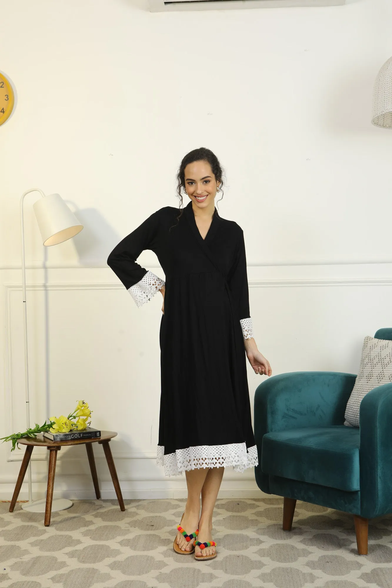 Royal Black Lycra Maternity & Nursing Wrap Nightwear Dress/ Hospital Gown/ Delivery Robes