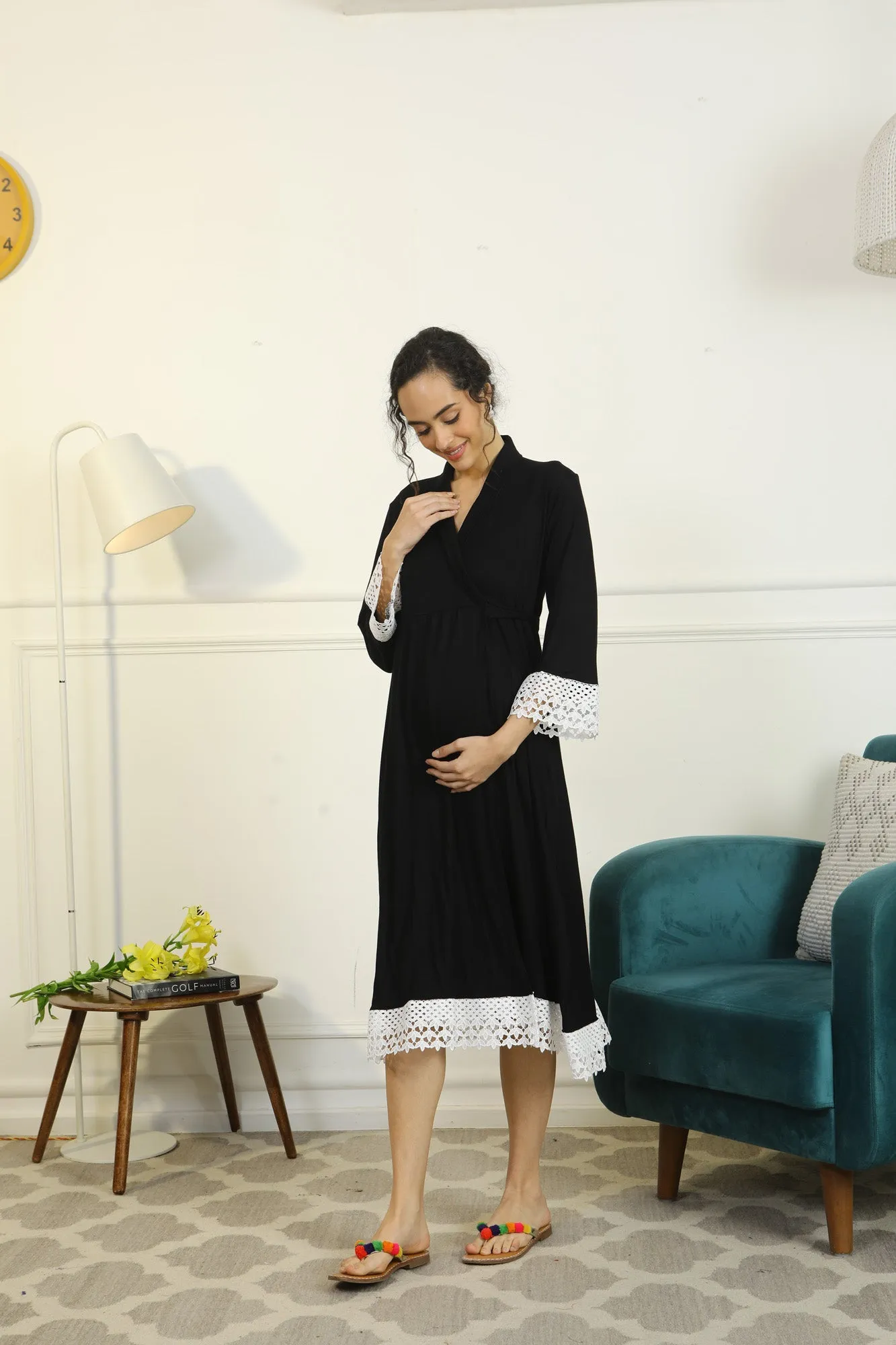 Royal Black Lycra Maternity & Nursing Wrap Nightwear Dress/ Hospital Gown/ Delivery Robes