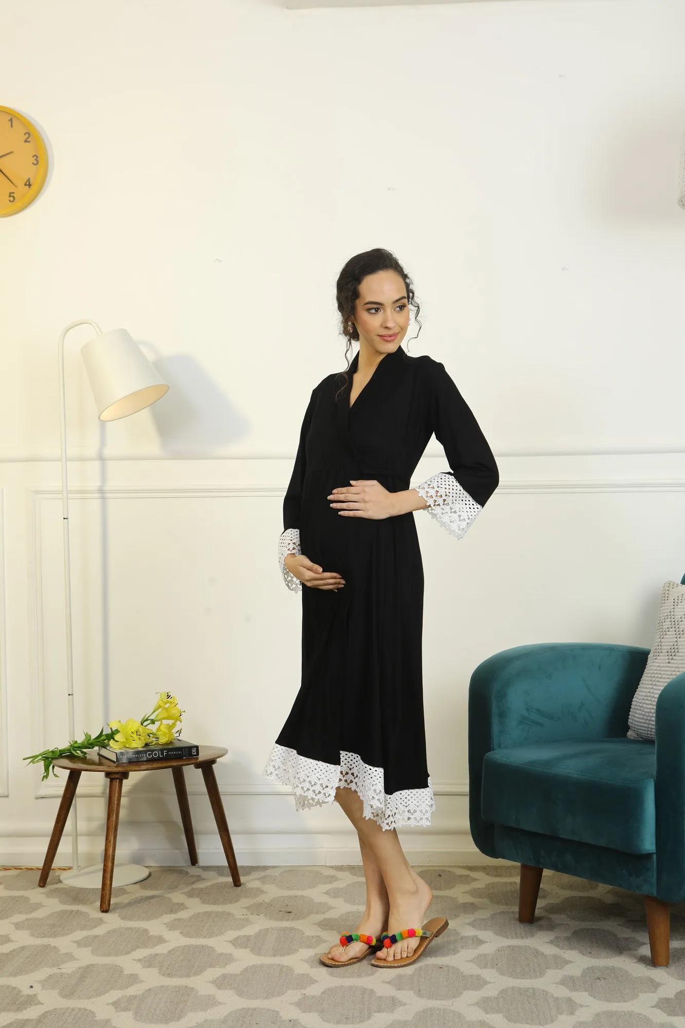 Royal Black Lycra Maternity & Nursing Wrap Nightwear Dress/ Hospital Gown/ Delivery Robes