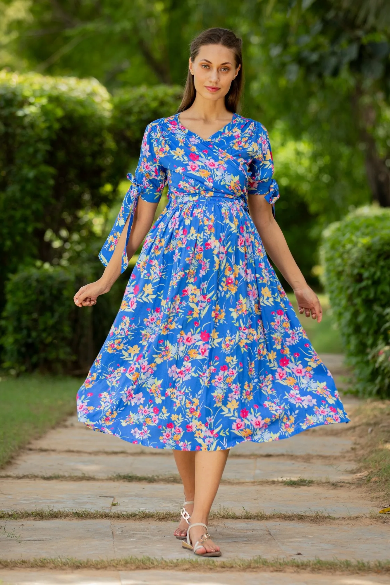 Royal Blue Floral Maternity & Nursing Midi Wrap Dress