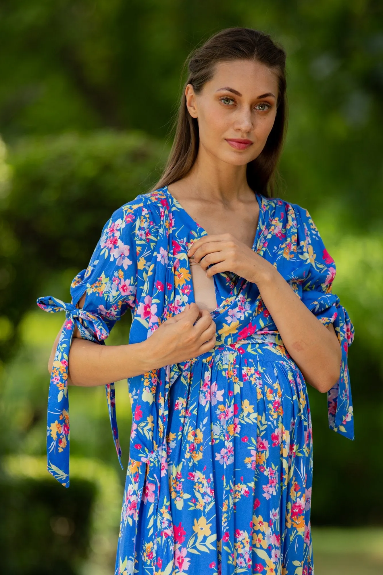 Royal Blue Floral Maternity & Nursing Midi Wrap Dress