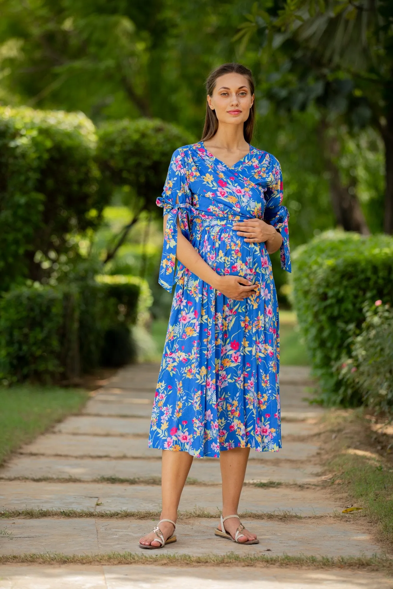 Royal Blue Floral Maternity & Nursing Midi Wrap Dress